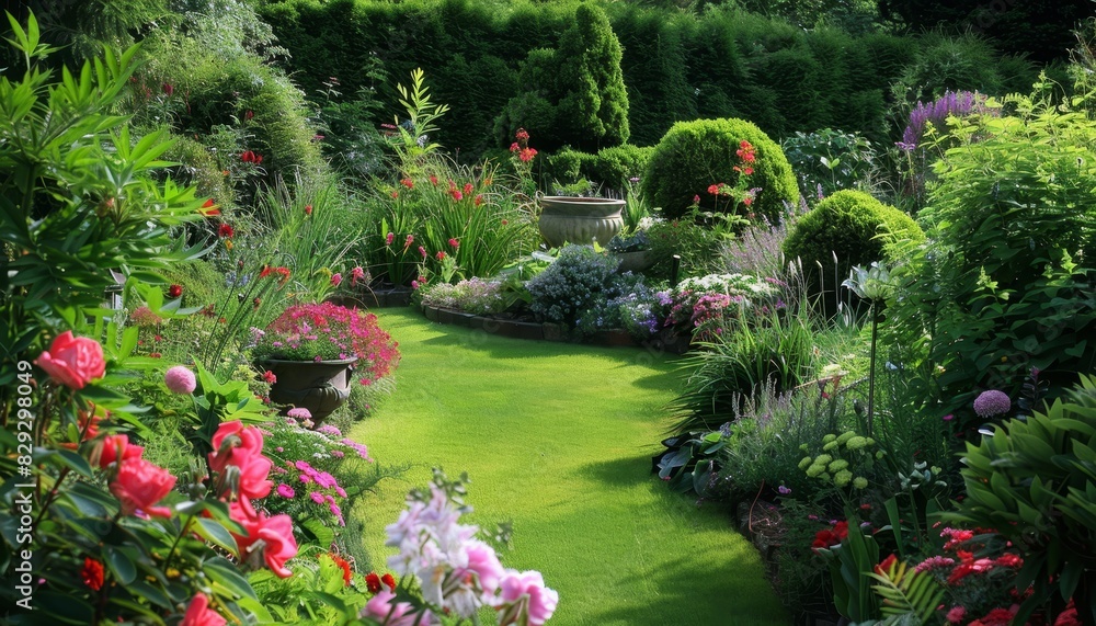 Fototapeta premium Well maintained garden with beautiful summer flowers and shrubs
