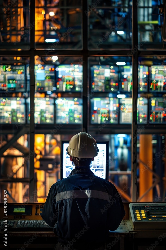 Modern Technology Concept: Engineer monitors complex machinery from a high-tech control room