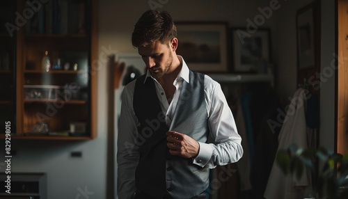 Wedding day photo of a groom getting dressed by his fiancé