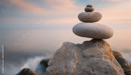 Well arranged pebbles atop a large rock in the ocean photo