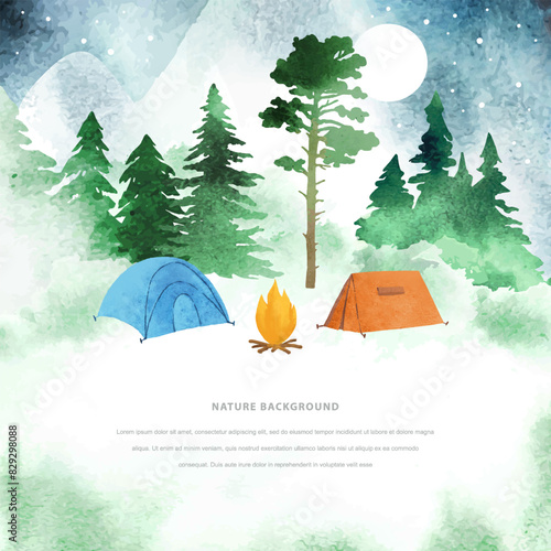 Touristic camp with tents. Night romantic hand drawn vector template with tents, mountain, bonfire, moon, coniferous forest and space for text. Travel concept