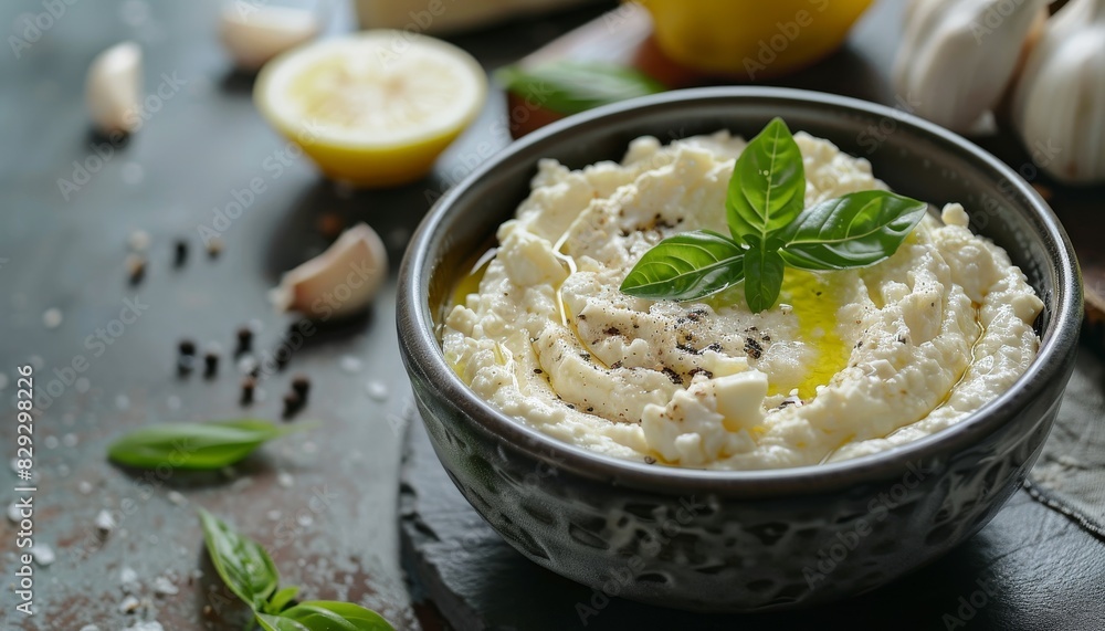 Whipped feta dip with garlic and lemon in a gray bowl Influenced by Greek cuisine Whipped feta dip with garlic and lemon in a gray bowl Influenced by Greek cuisine