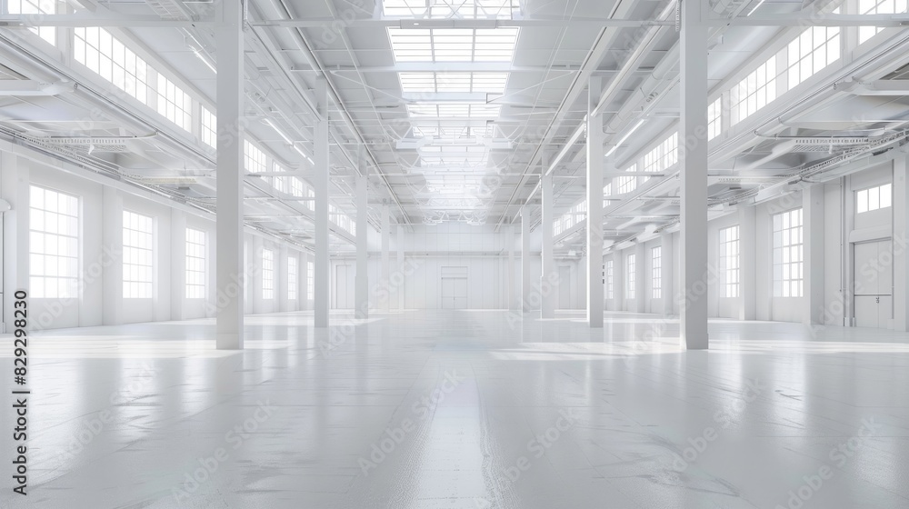 Empty white warehouse interior with clean, open space and a pristine white background, emphasizing the vast, uncluttered area Empty white warehouse interior with clean, open space and a pristine white background, emphasizing the vast, uncluttered area
