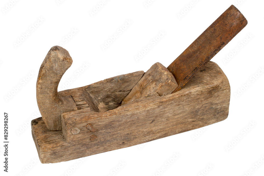 An antique wooden planer isolated on a white background. Close-up of an old planer. An antique wooden planer isolated on a white background. Close-up of an old planer.