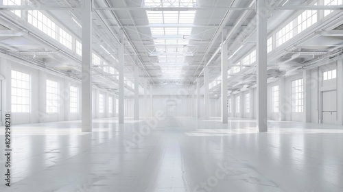 Empty white warehouse interior with clean  open space and a pristine white background  emphasizing the vast  uncluttered area