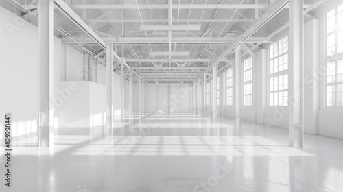 Empty white warehouse interior with clean, open space and a pristine white background, emphasizing the vast, uncluttered area