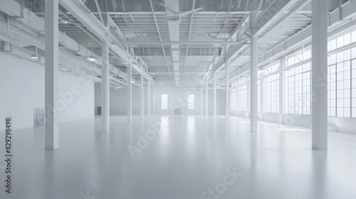 Empty white warehouse interior with clean  open space and a pristine white background  emphasizing the vast  uncluttered area