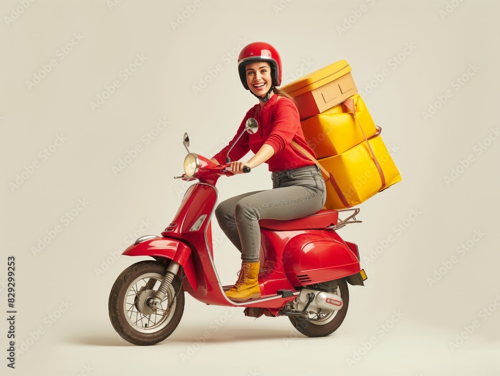 Smiling delivery person riding a red scooter, carrying large yellow packages, symbolizing fast and efficient delivery service.
