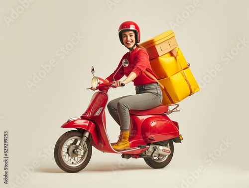 Smiling delivery person riding a red scooter  carrying large yellow packages  symbolizing fast and efficient delivery service.