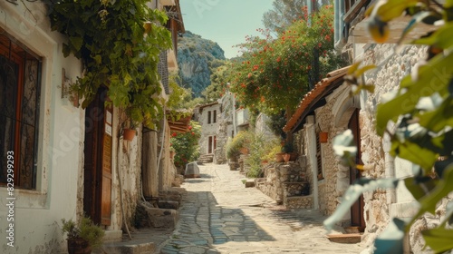 A charming ancient Greek village with whitewashed buildings and narrow streets