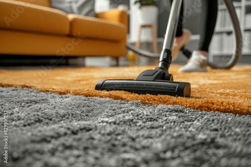Woman vacuuming gray carpet with vacuum cleaner Concept of cleanliness