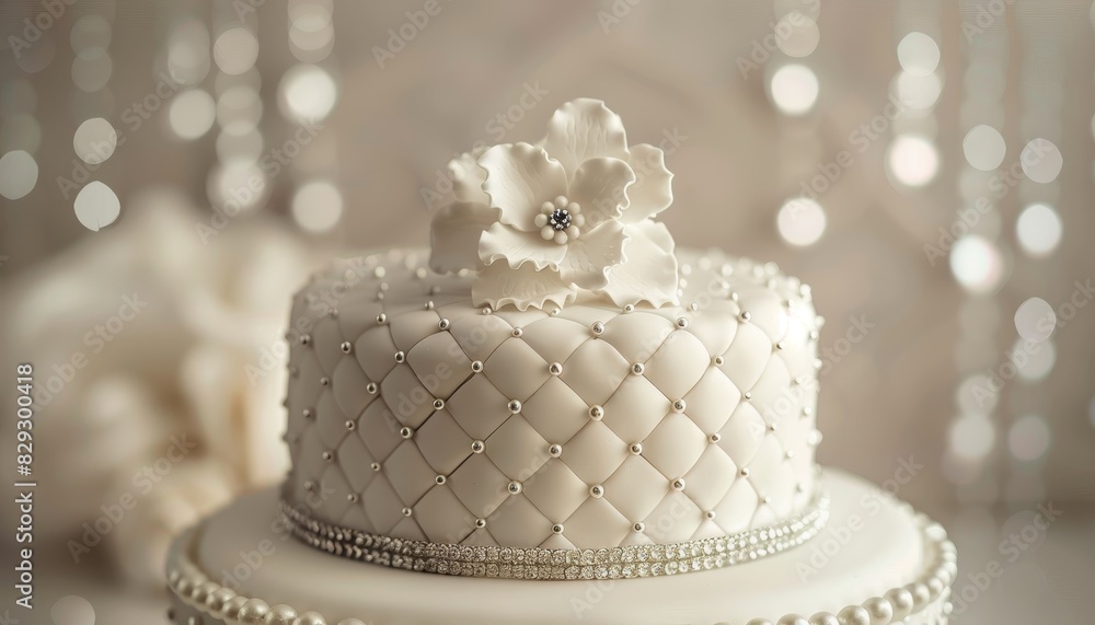 White fondant covered wedding cake adorned with beaded and hand crafted floral decoration atop White fondant covered wedding cake adorned with beaded and hand crafted floral decoration atop
