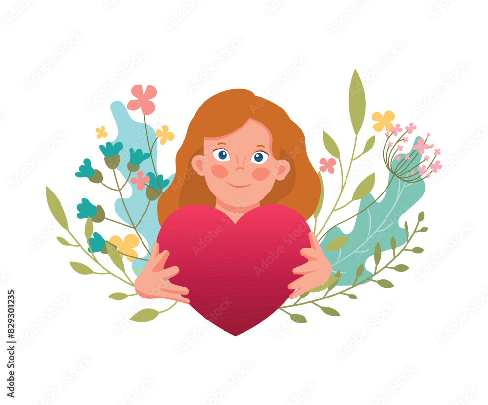 The girl holds a heart, a valentine in her hands. Vector illustration for Valentine's Day, Mother's Day, Father's Day. Congratulations on the holiday. Template for a postcard. The girl holds a heart, a valentine in her hands. Vector illustration for Valentine's Day, Mother's Day, Father's Day. Congratulations on the holiday. Template for a postcard.