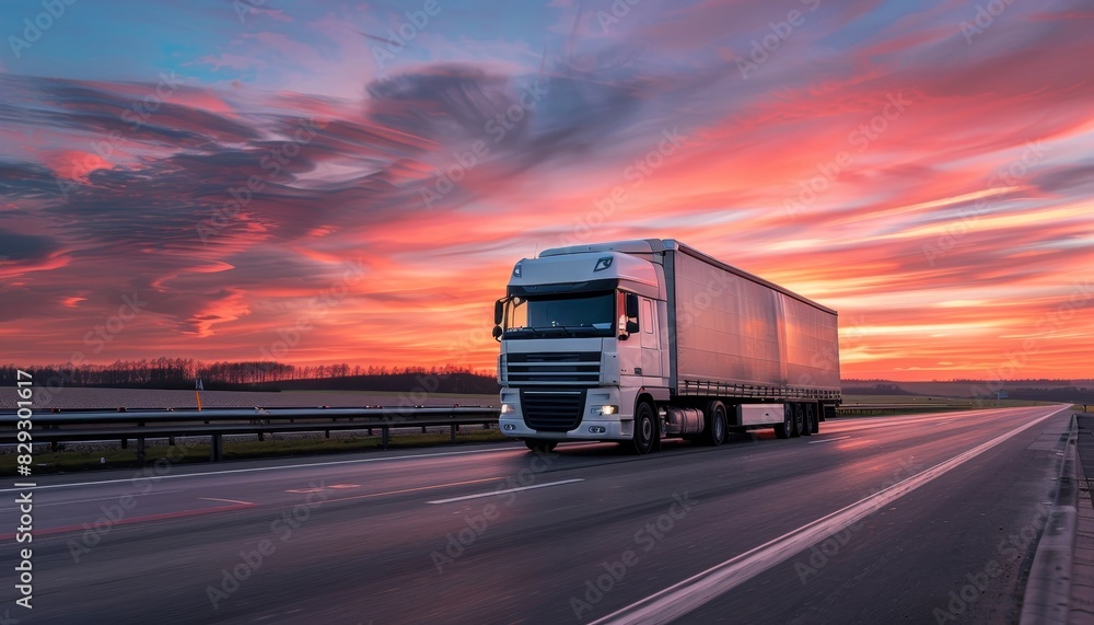 White truck driving on highway beneath red sunset sky