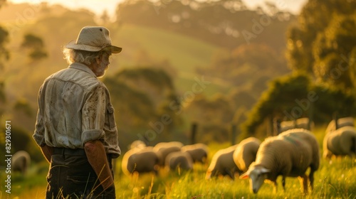 Morning light caresses a contented farmer amidst grazing sheep, his face reflecting the peace found in a life attuned to nature's rhythm. photo