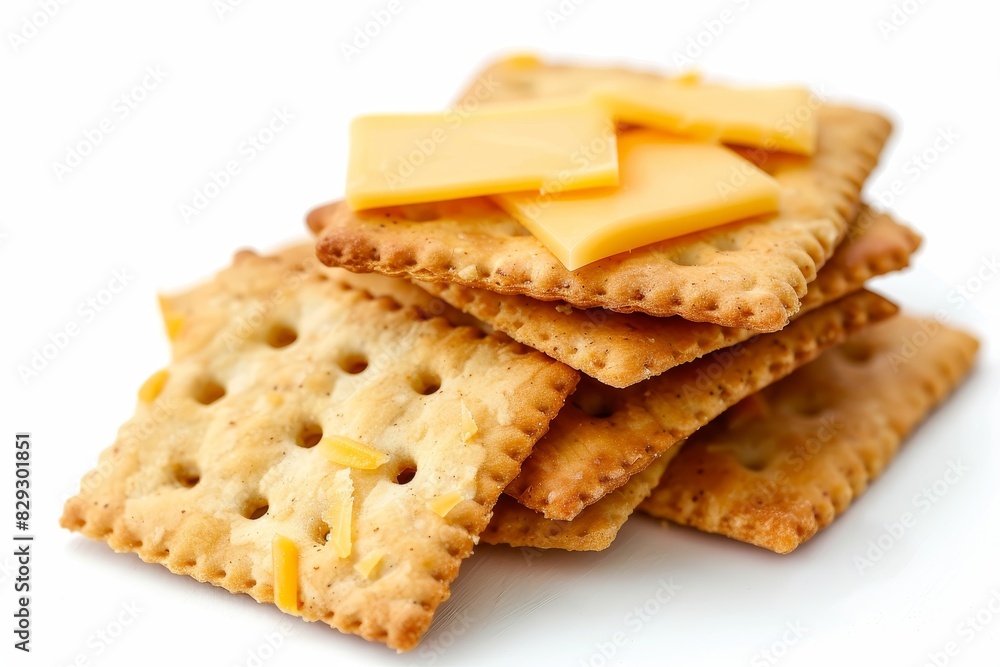 Whole wheat cracker and cheese isolated on white background in close up Whole wheat cracker and cheese isolated on white background in close up