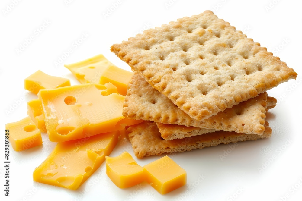 Whole wheat cracker with cheese close up on white background Whole wheat cracker with cheese close up on white background