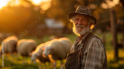 Morning light caresses a contented farmer amidst grazing sheep, his face reflecting the peace found in a life attuned to nature's rhythm. photo