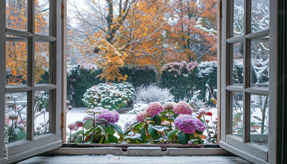 Fototapeta premium Window view of a snowy garden with colorful autumn hues and faded hydrangeas