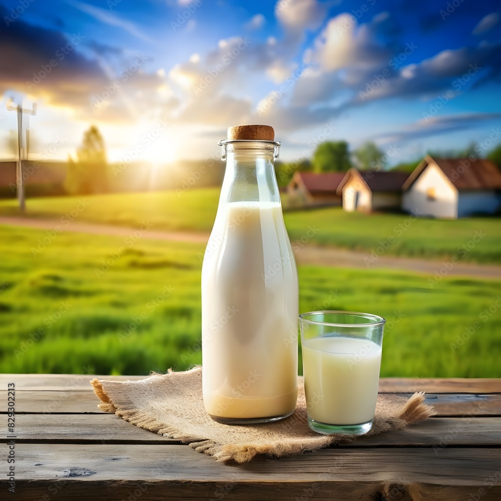 milk in a glass bottle on the background of the fa