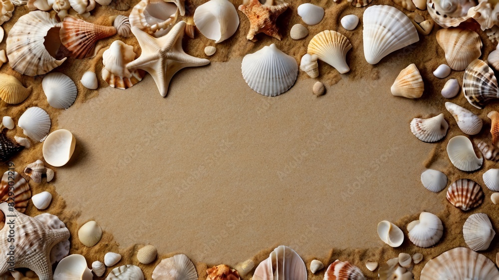 Obraz premium Different sea shells on beach sand, top view. Banner for design, copy space 