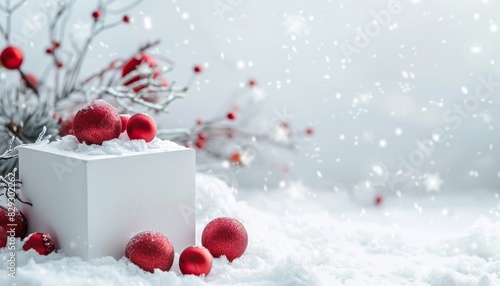 Winter themed white background with a pedestal displaying cosmetic products