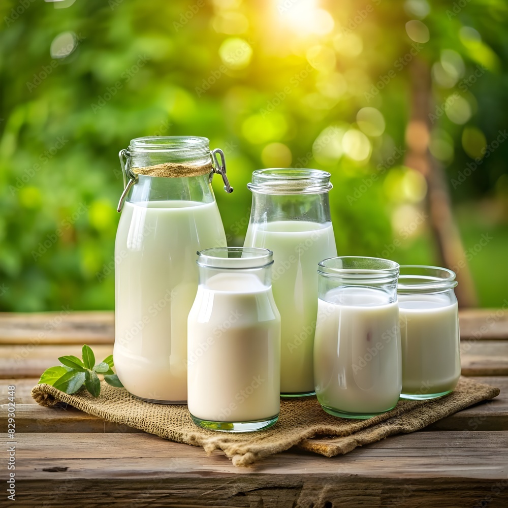 milk in glass jars on wooden table in nature close milk in glass jars on wooden table in nature close