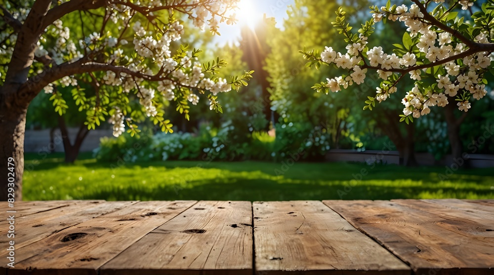 Spring beautiful background with green lush young foliage and flowering branches with an empty wooden table on nature outdoors in sunlight in garden. Spring beautiful background with green lush young foliage and flowering branches with an empty wooden table on nature outdoors in sunlight in garden.