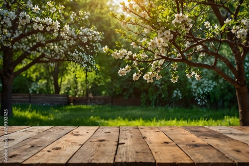 Spring beautiful background with green lush young foliage and flowering branches with an empty wooden table on nature outdoors in sunlight in garden.