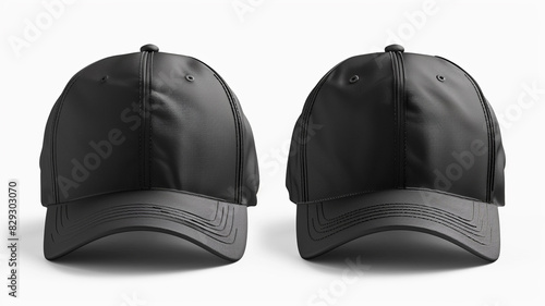 Two black baseball caps with leather brims on the front 