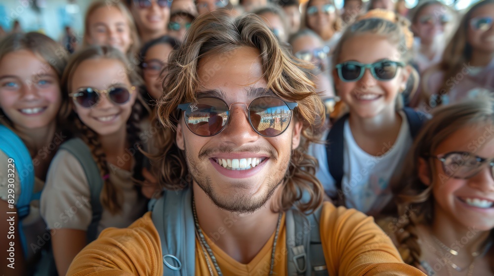 Teen blogger in fashionable clothes and stylish sunglasses Take a selfie against the background of cheerful schoolchildren in the classroom.