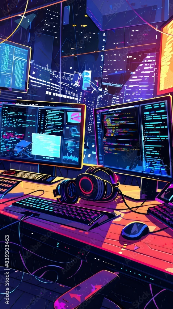 Futuristic Workspace with Multiple Monitors and City View Futuristic Workspace with Multiple Monitors and City View