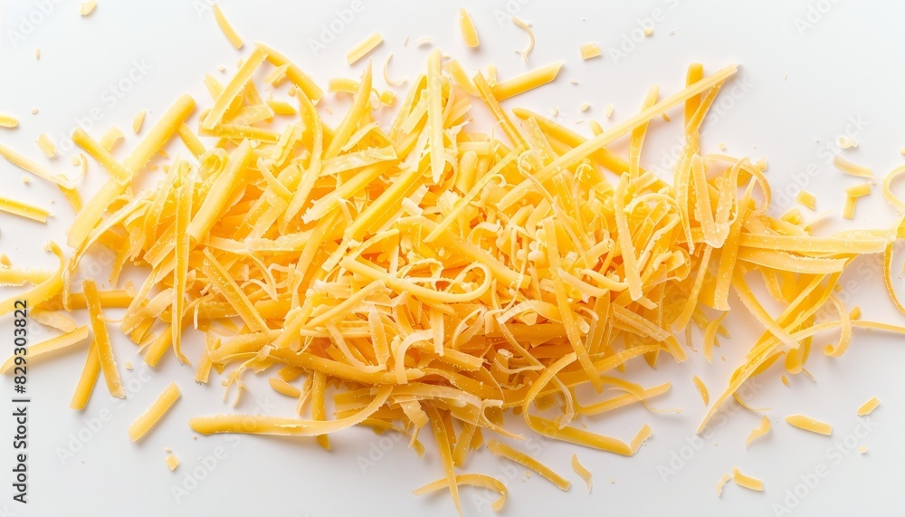 Obraz premium Yellow shredded cheese on a white background top view