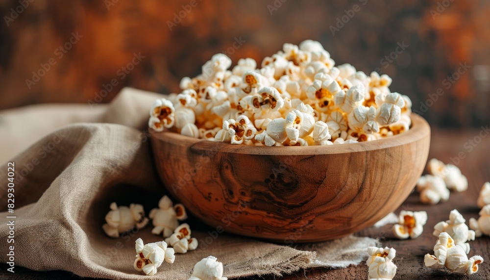 Wooden bowl on table with traditional popcorn Wooden bowl on table with traditional popcorn