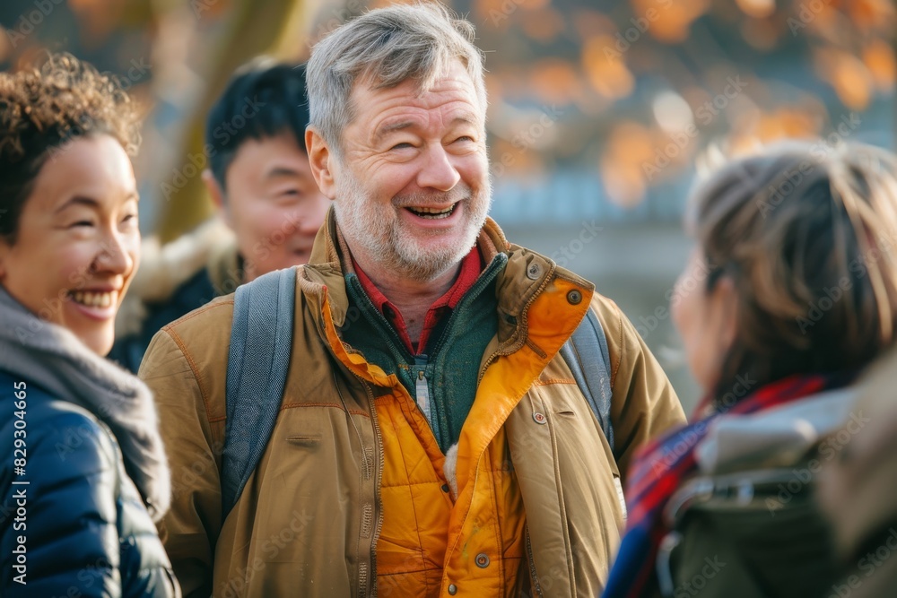 Happy senior man smiling and looking at camera with group of people in background Happy senior man smiling and looking at camera with group of people in background