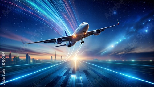 A commercial jet airplane streaks across a cloudy sky on a nighttime passenger flight