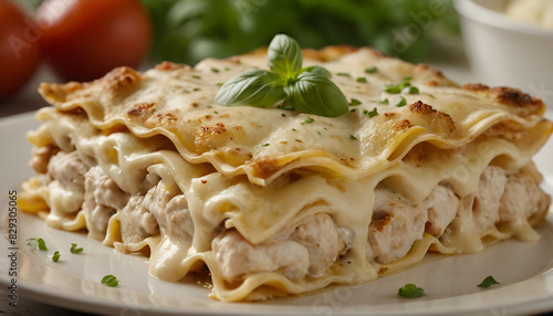 closeup of chicken alfredo lasagna