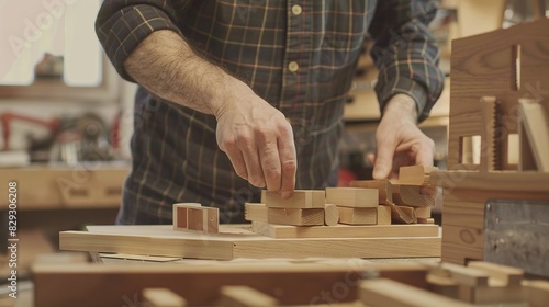Carpenter assembling wooden parts close-up. photo