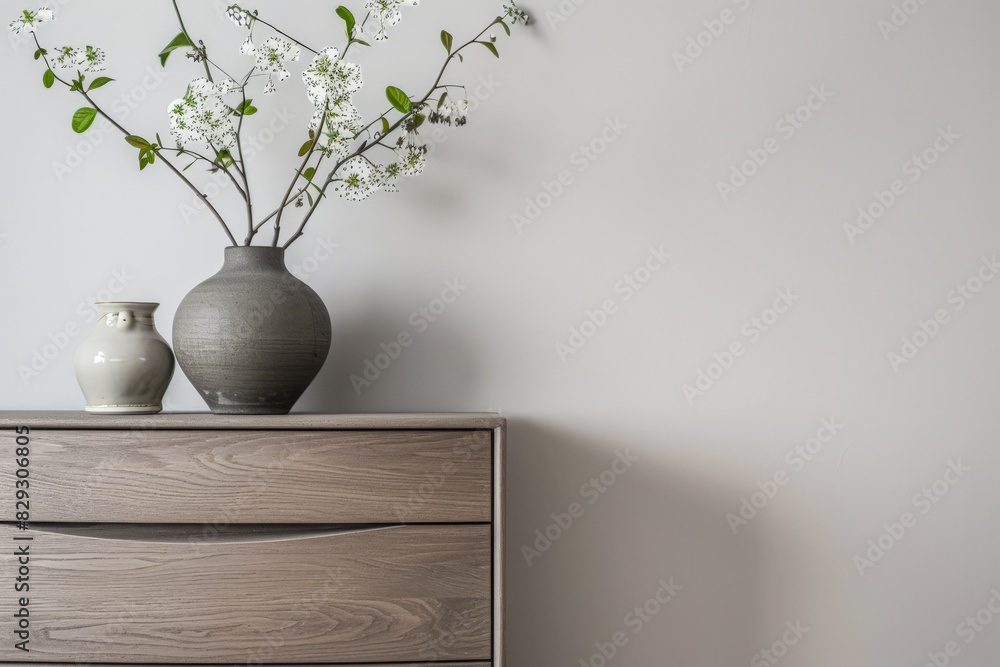 Wooden dresser in warm neutral color in an interior design room composition. Minimalistic chic interiors with copyspace for text. Wooden dresser in warm neutral color in an interior design room composition. Minimalistic chic interiors with copyspace for text.