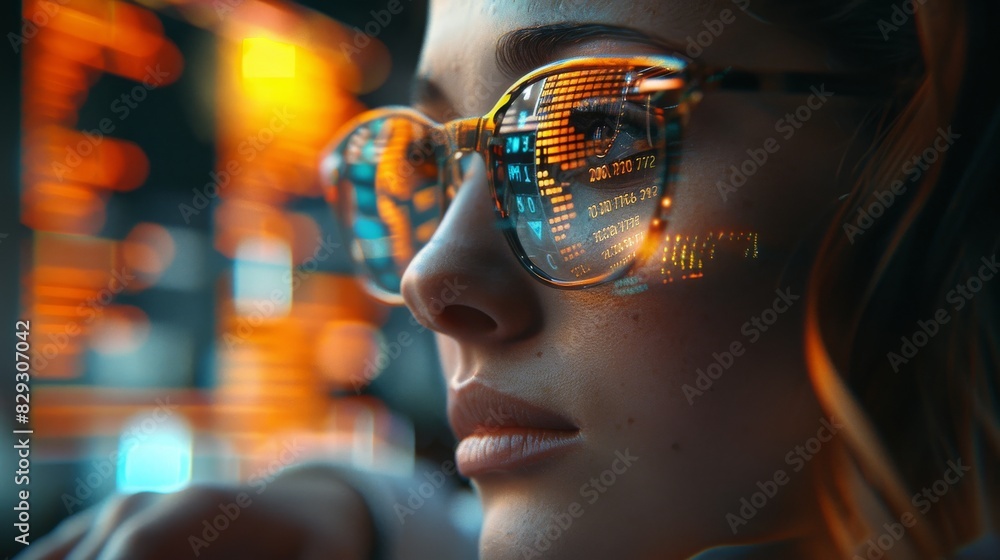 Holographic display of a woman on a tablet, depicted as a programmer or IT professional wearing glasses, deeply engaged in data analytics. digital technology, analyzes information Holographic display of a woman on a tablet, depicted as a programmer or IT professional wearing glasses, deeply engaged in data analytics. digital technology, analyzes information