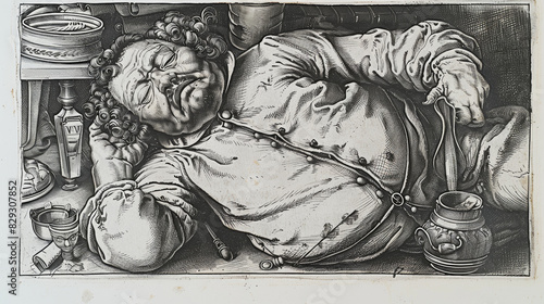 A man is sleeping on a table with a bottle of wine next to him. Scene is relaxed and peaceful photo