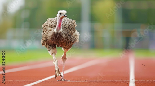 The ostrich is a runner on a sports track. A strong big bird with powerful legs photo