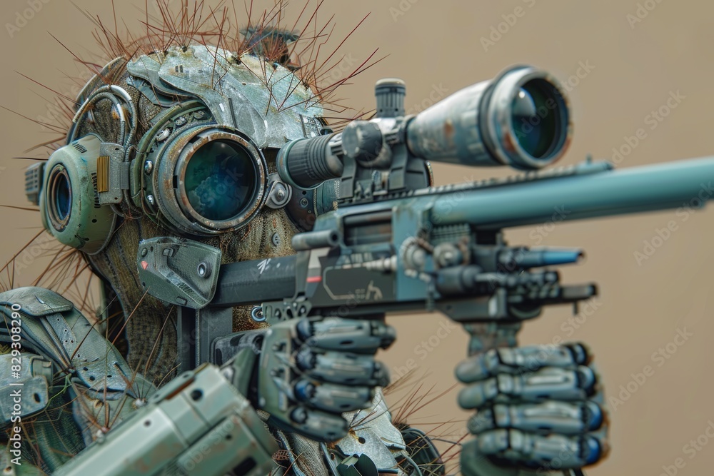 An editorial shot of a cactus transformed into a futuristic sniper warrior, showcasing intricate details and a high-tech aesthetic An editorial shot of a cactus transformed into a futuristic sniper warrior, showcasing intricate details and a high-tech aesthetic