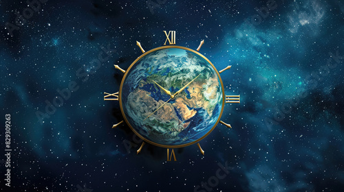 Planet earth in the shape of a clock against the background of space. Problems with climate and global warming, which worsen over time. The countdown