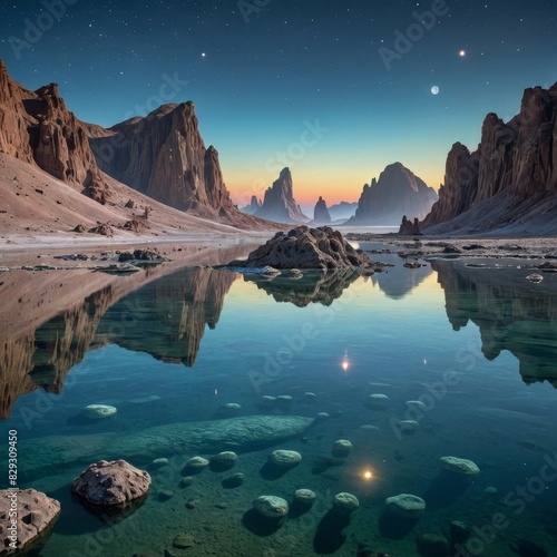 Tranquil Desert Lake under a Starry Sky