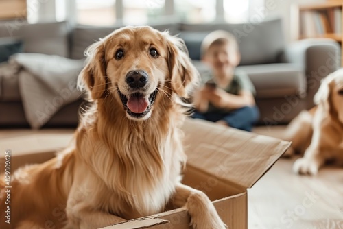 Family with kids and pets moving to new home. Cute dog sitting in cardboard box. Moving to new home  packing and unpacking boxes  relocation  renovation  removals and delivery service concept
