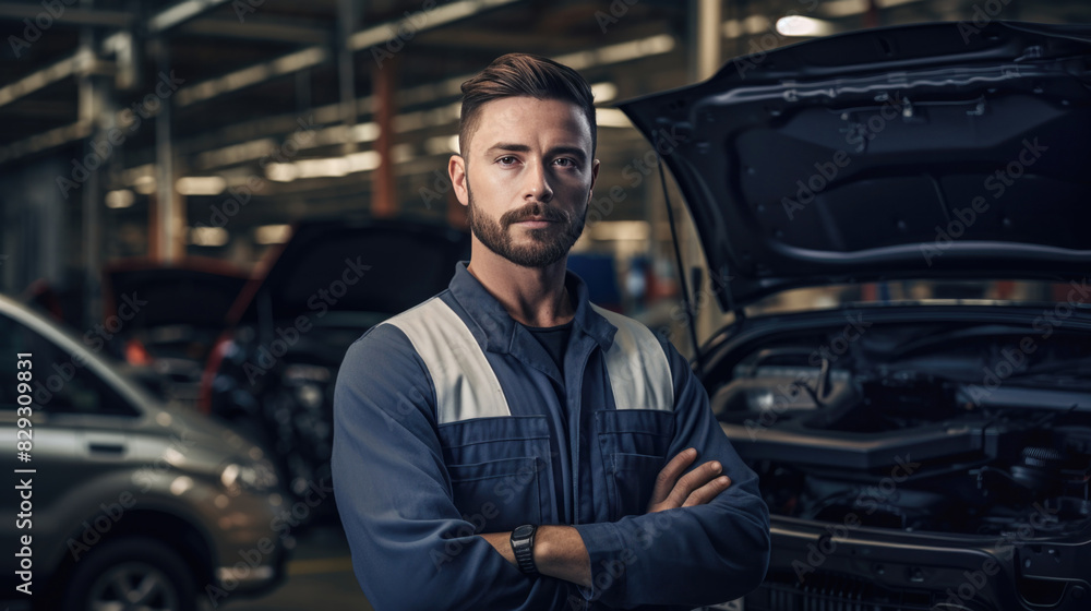 A young male car repair mechanic stands with his arms crossed in an auto repair shop A young male car repair mechanic stands with his arms crossed in an auto repair shop