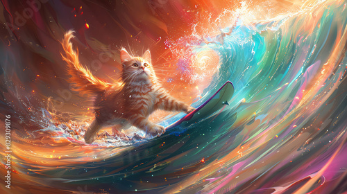 A ginger cat rides a surfboard through a tsunami of rainbow-colo