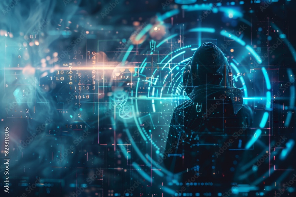 Obraz premium A hacker breaking through layers of digital security, represented by holographic locks and encryption codes