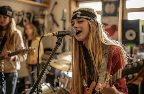 A young girl with long blonde hair and a black headband, wearing headphones singing into the microphone in front of her while playing guitar in a home studio